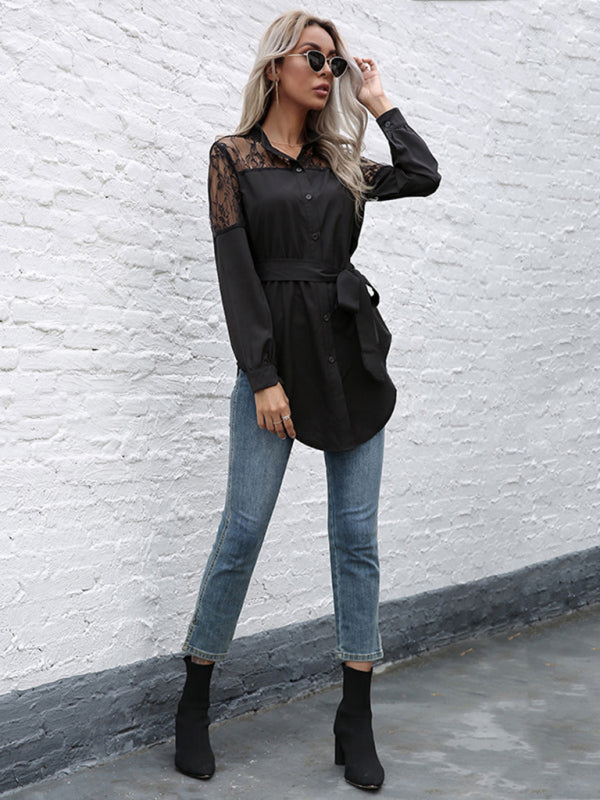 Kaileigh Long Round Neck, Long Sleeves And Waisted Black Patchwork Lace Shirt