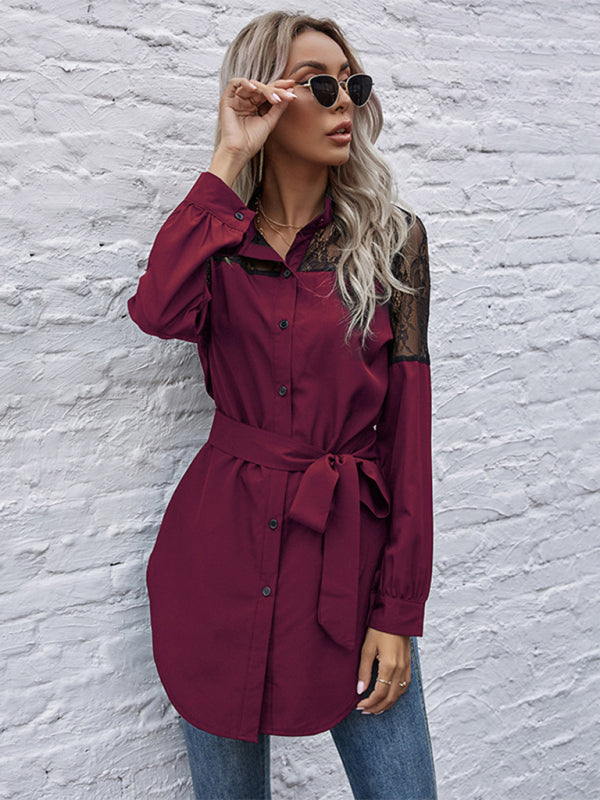 Kaileigh Long Round Neck, Long Sleeves And Waisted Black Patchwork Lace Shirt