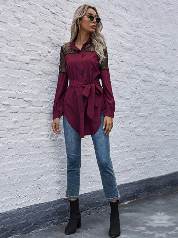 Kaileigh Long Round Neck, Long Sleeves And Waisted Black Patchwork Lace Shirt