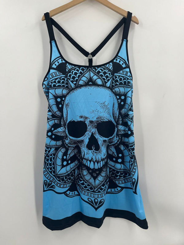 Lux Sling Fashion Skull Printed Vest Spring Summer Sleeveless Backless T-Shirt Top