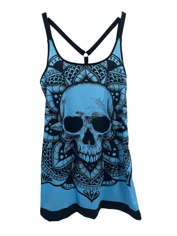 Lux Sling Fashion Skull Printed Vest Spring Summer Sleeveless Backless T-Shirt Top