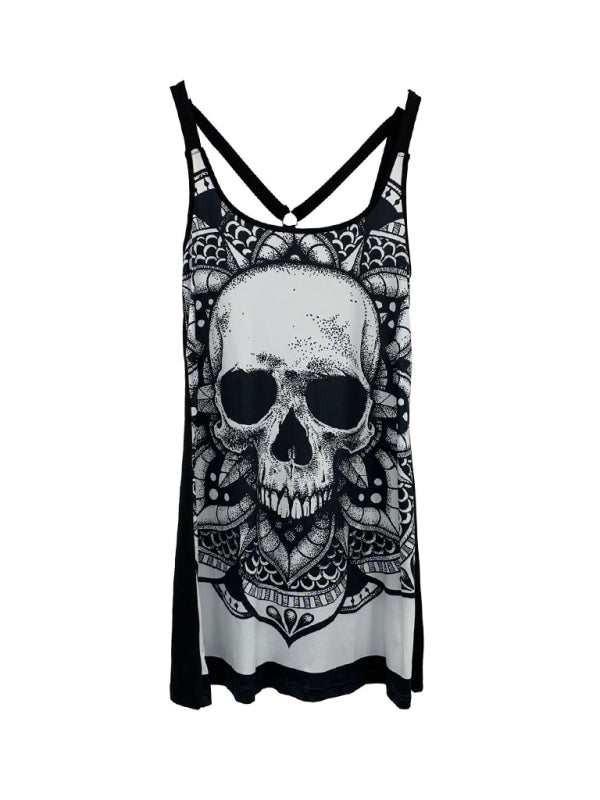 Lux Sling Fashion Skull Printed Vest Spring Summer Sleeveless Backless T-Shirt Top