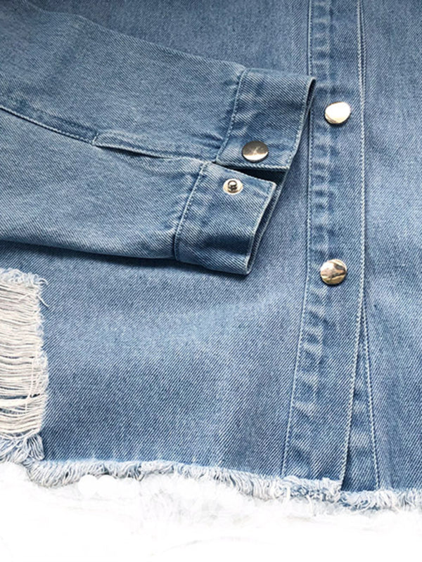 Ripped Mid-length Denim Jacket Washed Retro Jacket Long Sleevesblouse