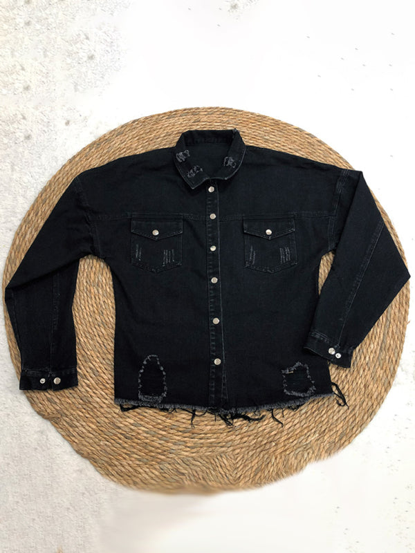 Ripped Mid-length Denim Jacket Washed Retro Jacket Long Sleevesblouse