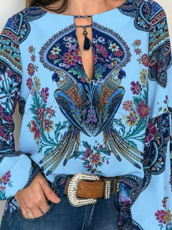 Lucasta Digital Printing Round Neck Balloon Sleeve Shirt Blouse