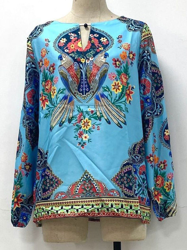 Lucasta Digital Printing Round Neck Balloon Sleeve Shirt Blouse