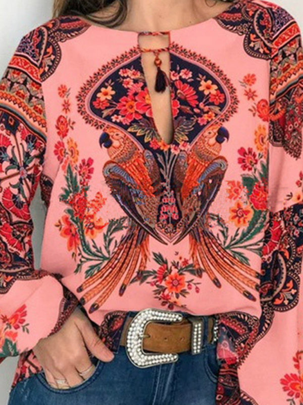 Lucasta Digital Printing Round Neck Balloon Sleeve Shirt Blouse