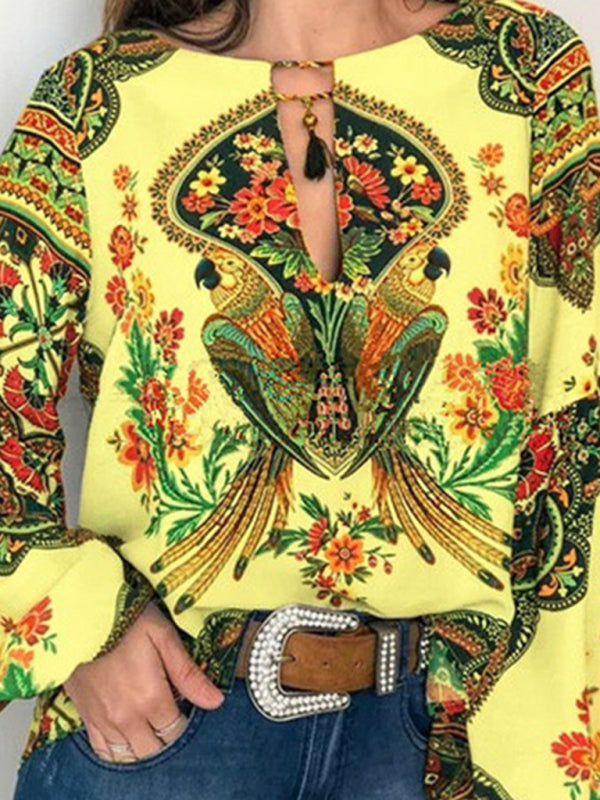 Lucasta Digital Printing Round Neck Balloon Sleeve Shirt Blouse