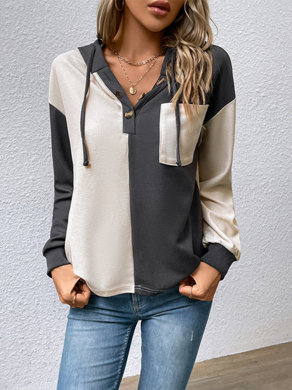 Edith New Women's Long-Sleeved Contrast Color Hooded Sweater