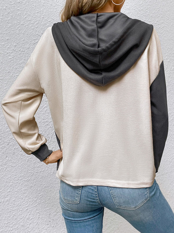 Edith New Women's Long-Sleeved Contrast Color Hooded Sweater