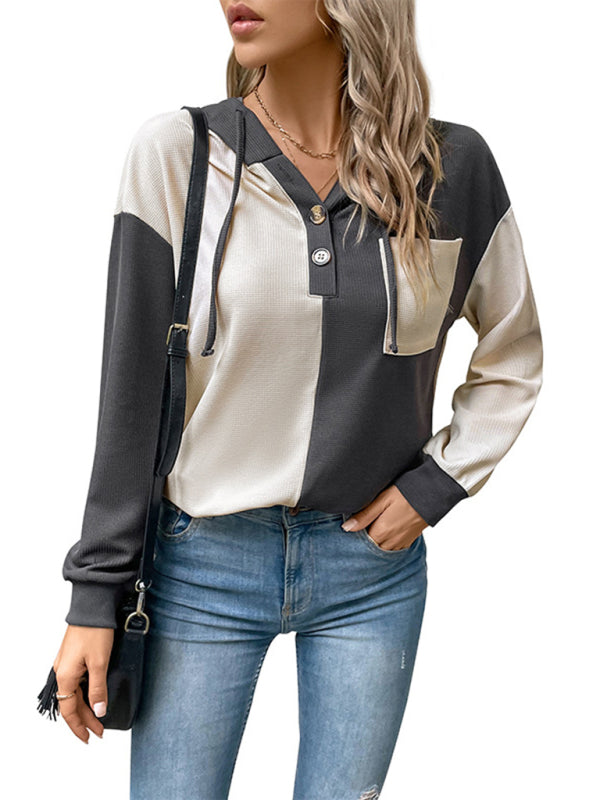 Edith New Women's Long-Sleeved Contrast Color Hooded Sweater