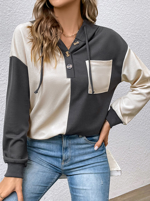 Edith New Women's Long-Sleeved Contrast Color Hooded Sweater