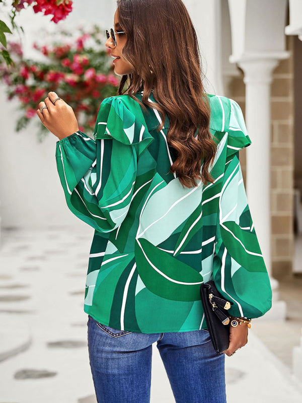 Lusiana New Temperament Casual Plant Floral Print Long-Sleeved Shirt Top