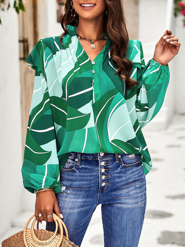 Lusiana New Temperament Casual Plant Floral Print Long-Sleeved Shirt Top