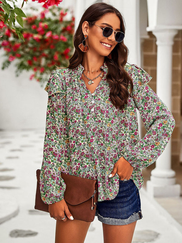 Lusiana New Temperament Casual Plant Floral Print Long-Sleeved Shirt Top