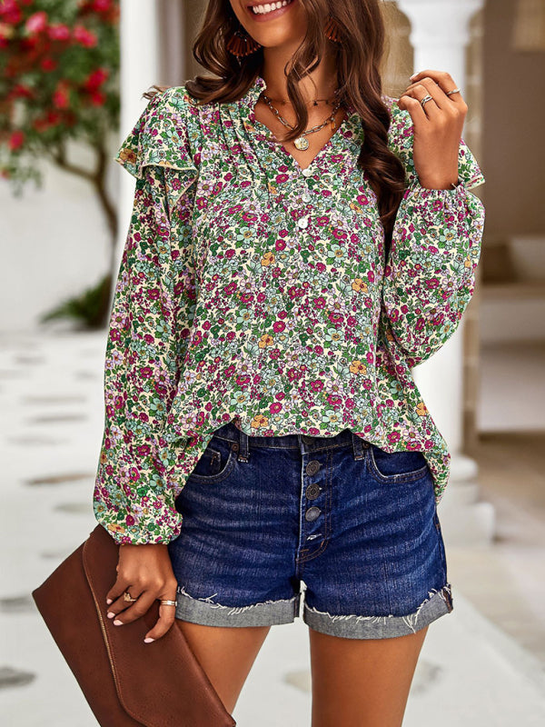 Lusiana New Temperament Casual Plant Floral Print Long-Sleeved Shirt Top