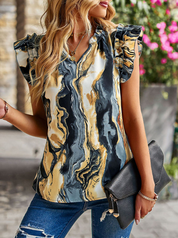 Luella V-Neck Ruffled Floral Temperament Top