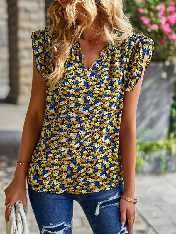 Luella V-Neck Ruffled Floral Temperament Top