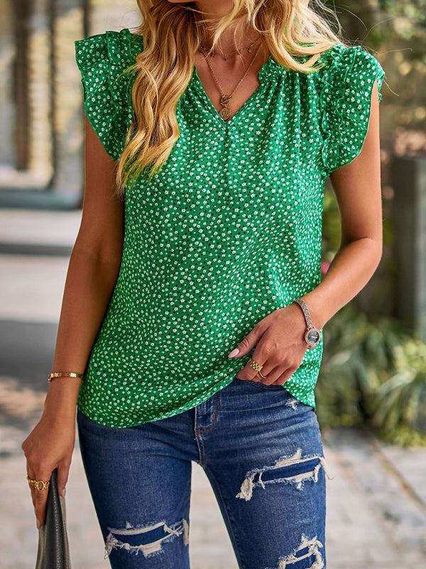 Luella V-Neck Ruffled Floral Temperament Top