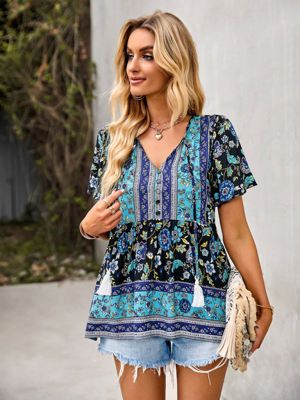 Chavelle Bohemian Print Casual Resort Style Short Sleeve Ladies Top