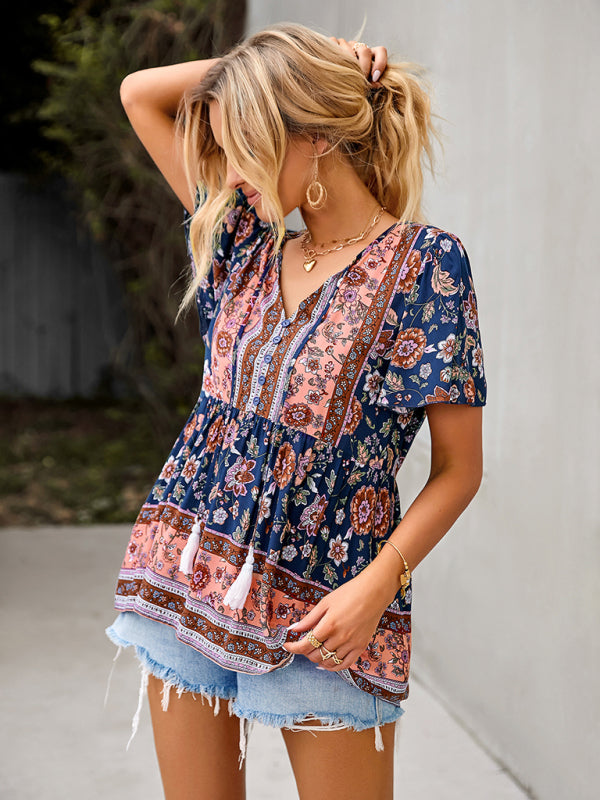 Chavelle Bohemian Print Casual Resort Style Short Sleeve Ladies Top
