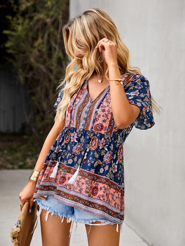 Chavelle Bohemian Print Casual Resort Style Short Sleeve Ladies Top