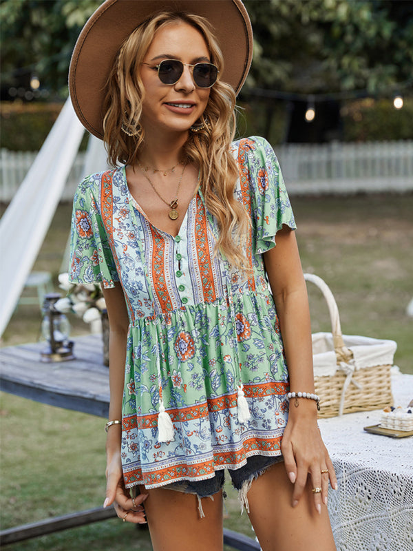 Chavelle Bohemian Print Casual Resort Style Short Sleeve Ladies Top