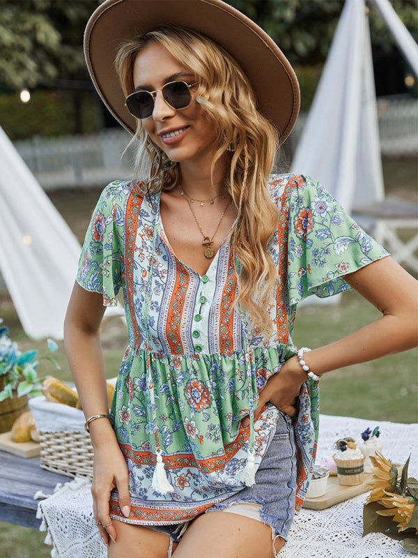Chavelle Bohemian Print Casual Resort Style Short Sleeve Ladies Top
