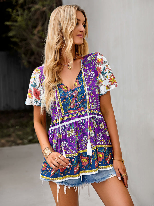 Chavelle Bohemian Print Casual Resort Style Short Sleeve Ladies Top