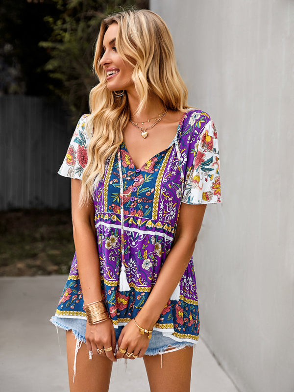 Chavelle Bohemian Print Casual Resort Style Short Sleeve Ladies Top