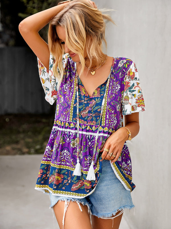 Chavelle Bohemian Print Casual Resort Style Short Sleeve Ladies Top