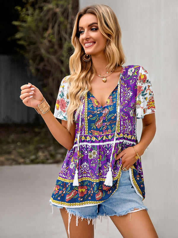 Chavelle Bohemian Print Casual Resort Style Short Sleeve Ladies Top