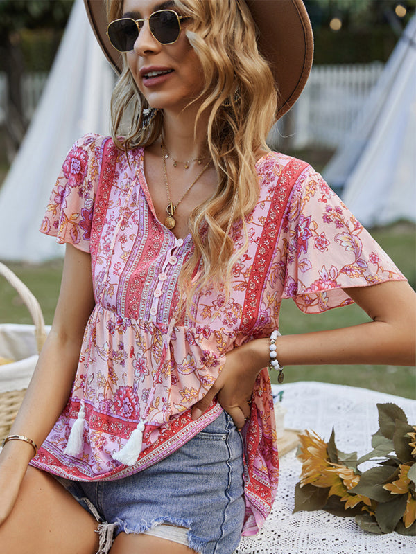Chavelle Bohemian Print Casual Resort Style Short Sleeve Ladies Top