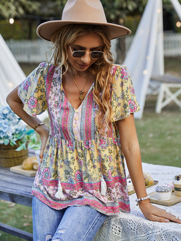 Chavelle Bohemian Print Casual Resort Style Short Sleeve Ladies Top