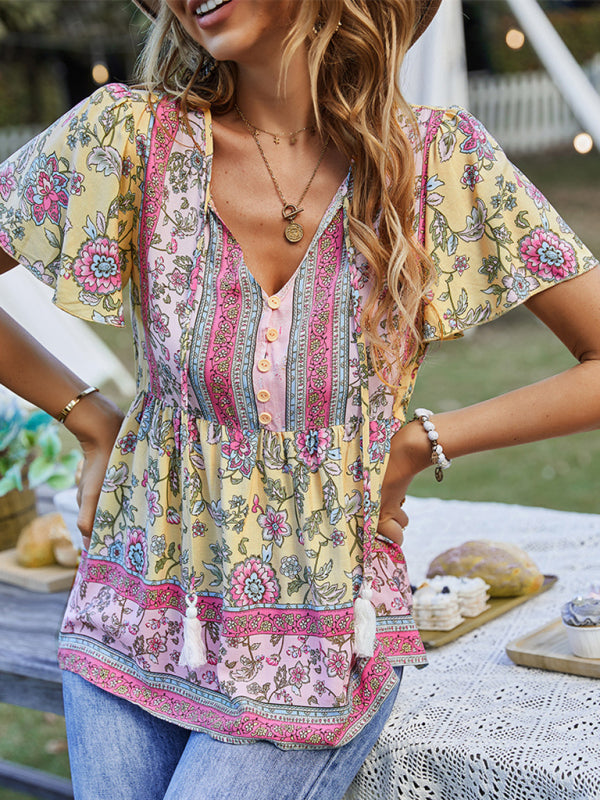 Chavelle Bohemian Print Casual Resort Style Short Sleeve Ladies Top