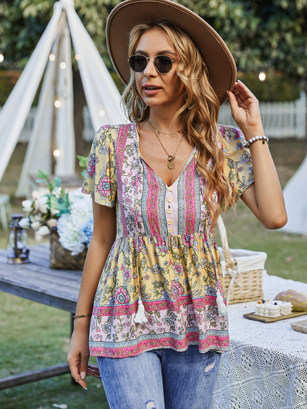 Chavelle Bohemian Print Casual Resort Style Short Sleeve Ladies Top