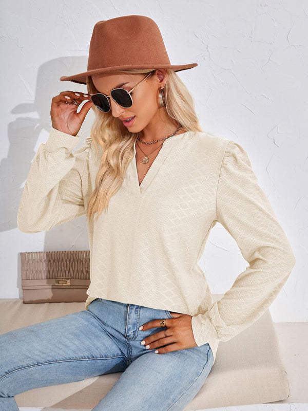 Nathalia V Neck Jacquard Long Sleeve Loose T-Shirt Top Ladies