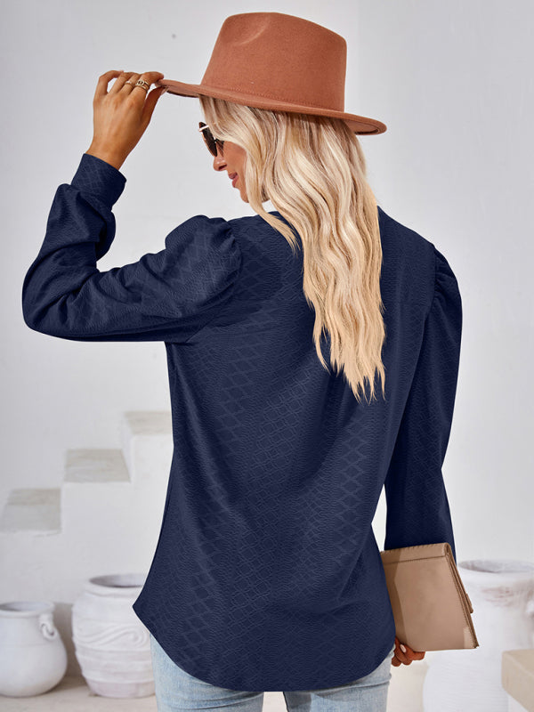 Nathalia V Neck Jacquard Long Sleeve Loose T-Shirt Top Ladies