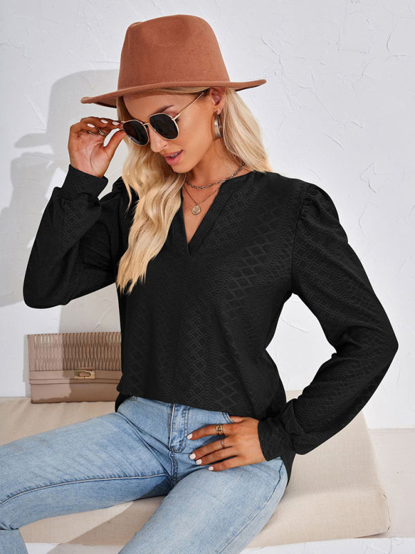 Nathalia V Neck Jacquard Long Sleeve Loose T-Shirt Top Ladies