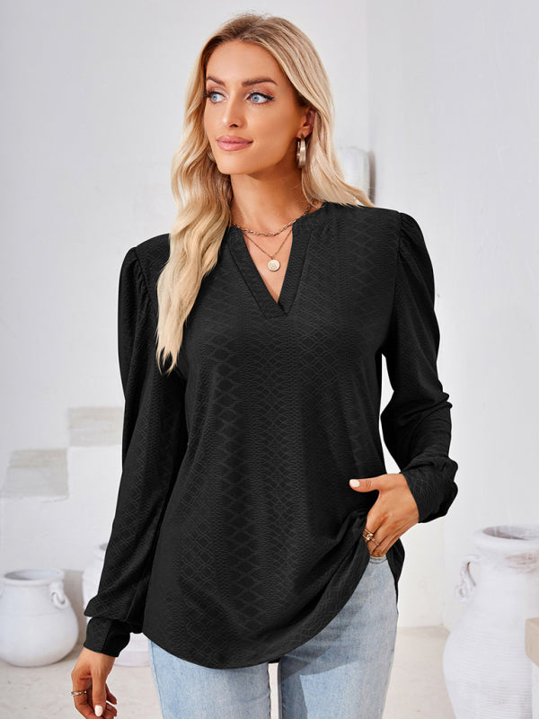 Nathalia V Neck Jacquard Long Sleeve Loose T-Shirt Top Ladies