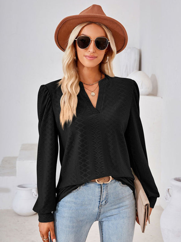 Nathalia V Neck Jacquard Long Sleeve Loose T-Shirt Top Ladies