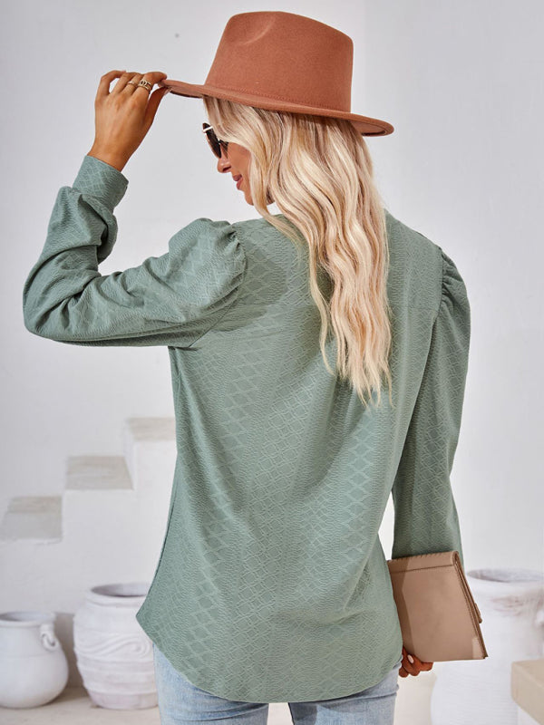 Nathalia V Neck Jacquard Long Sleeve Loose T-Shirt Top Ladies