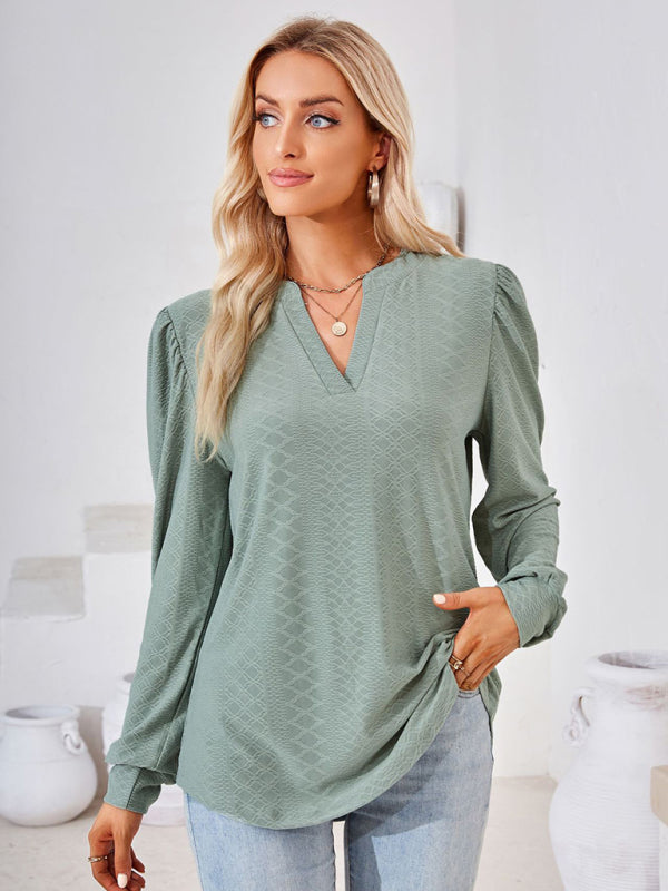 Nathalia V Neck Jacquard Long Sleeve Loose T-Shirt Top Ladies