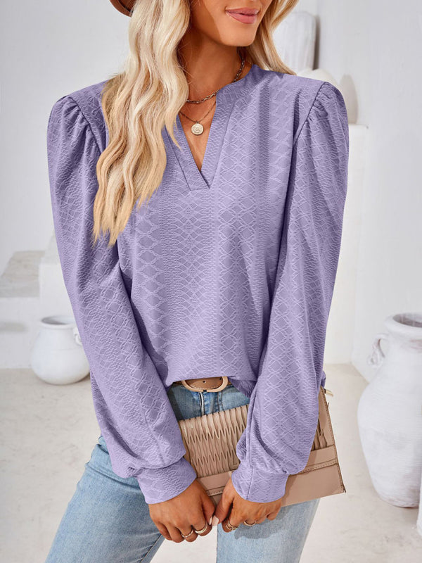 Nathalia V Neck Jacquard Long Sleeve Loose T-Shirt Top Ladies