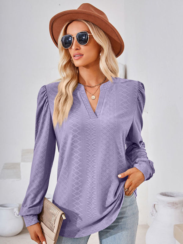 Nathalia V Neck Jacquard Long Sleeve Loose T-Shirt Top Ladies