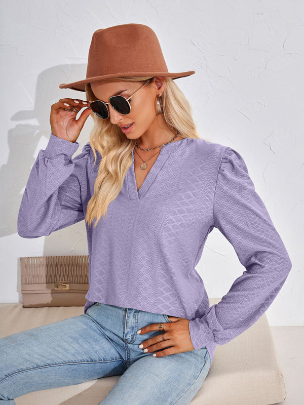 Nathalia V Neck Jacquard Long Sleeve Loose T-Shirt Top Ladies