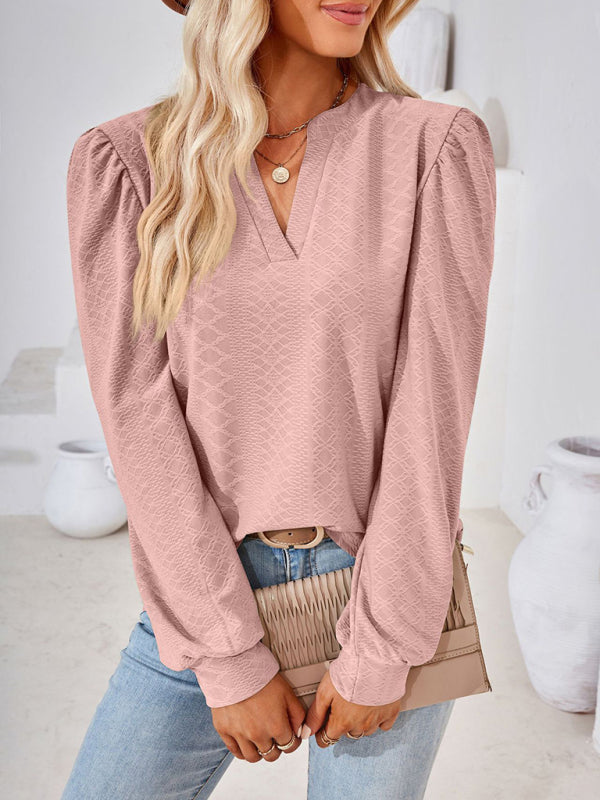 Nathalia V Neck Jacquard Long Sleeve Loose T-Shirt Top Ladies