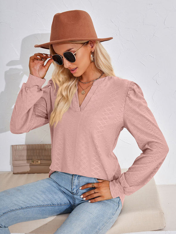 Nathalia V Neck Jacquard Long Sleeve Loose T-Shirt Top Ladies