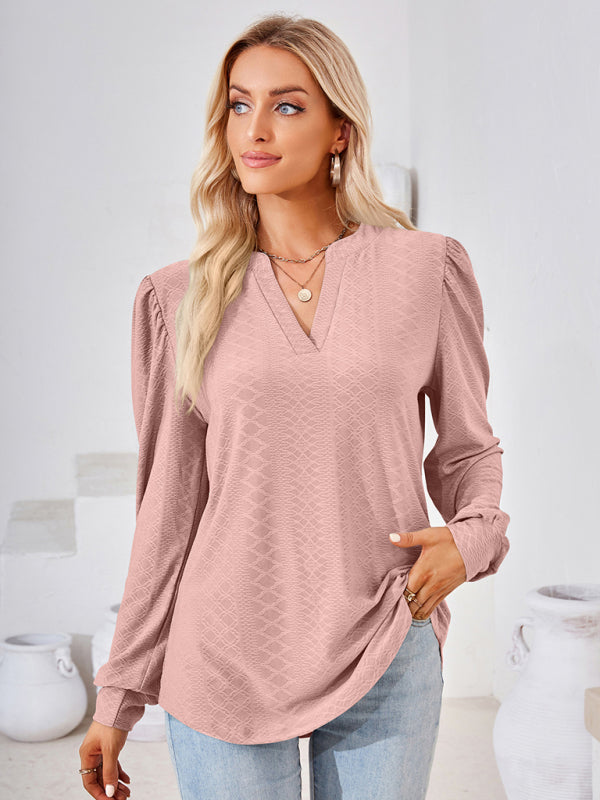 Nathalia V Neck Jacquard Long Sleeve Loose T-Shirt Top Ladies