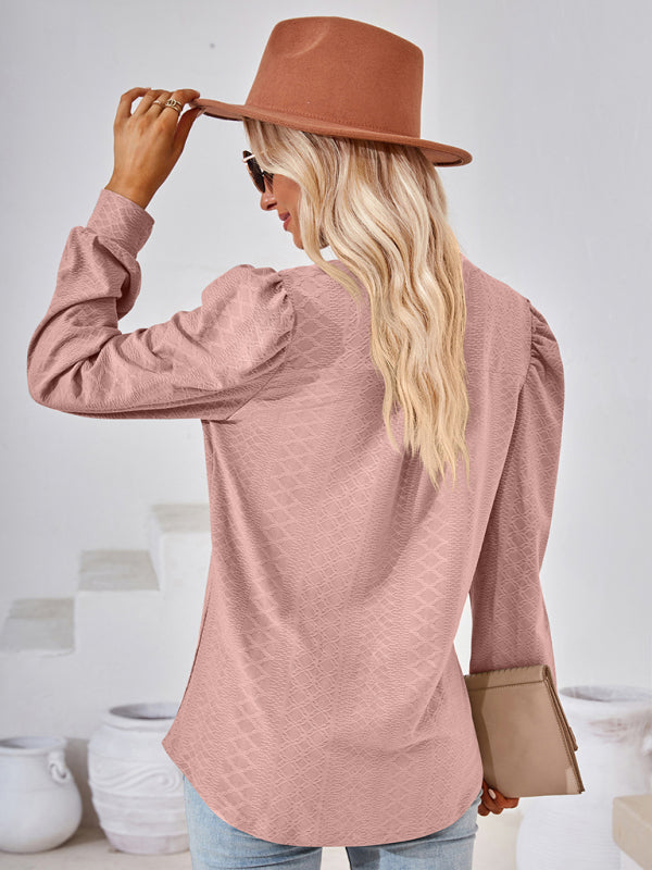 Nathalia V Neck Jacquard Long Sleeve Loose T-Shirt Top Ladies